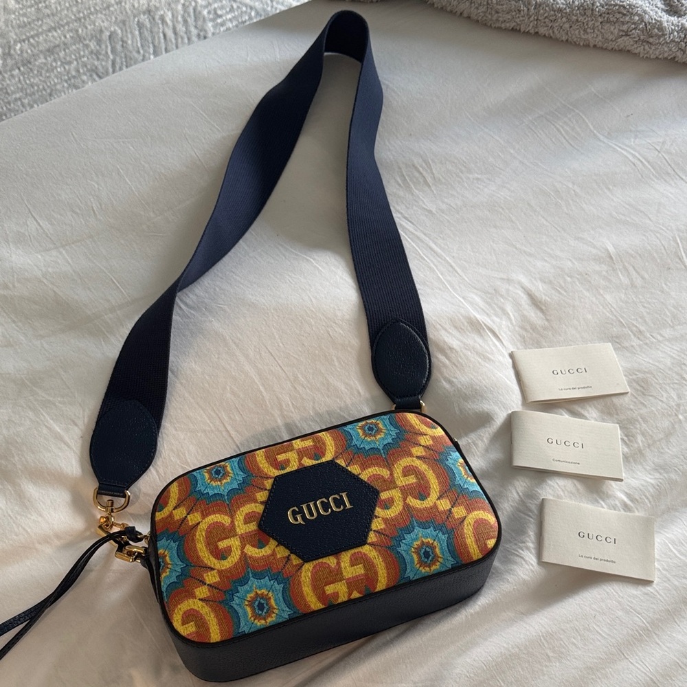 Gucci Multicolor GG Centennial Camera  Shoulder Bag with Navy Strap